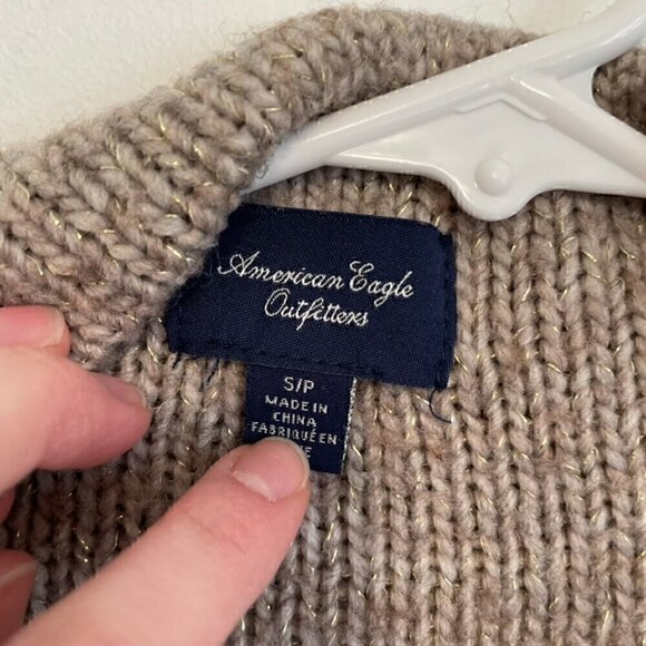 AMERICAN EAGLE Brown Gold Metallic Chunky Knit Open WOOL Draped Cardigan Sweater - Picture 6 of 12